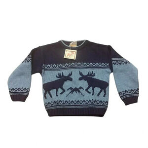 Vintage Childrens Sweater Plaid Moose Holiday Navy Blue Size S (4) NWT